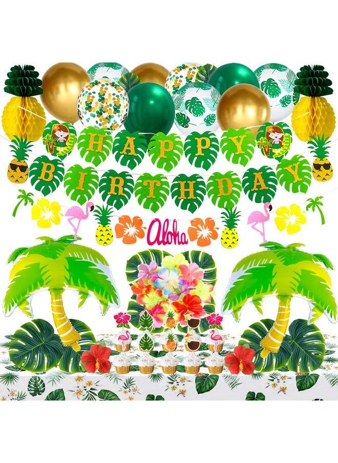 umoni - Hawaii Aloha Party Theme Decoration Set Tropical Leaves Happy Birthday Banner Flamingo Wreath Hawaiian Balloon Artificial Fake Flowers Pineapple Honeycomb Tropical Theme Party Supplies - Image 1