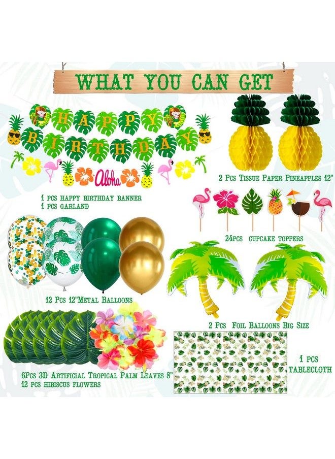 umoni - Hawaii Aloha Party Theme Decoration Set Tropical Leaves Happy Birthday Banner Flamingo Wreath Hawaiian Balloon Artificial Fake Flowers Pineapple Honeycomb Tropical Theme Party Supplies - Image 1