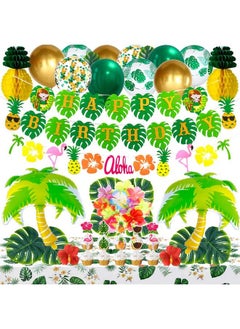 Hawaii Aloha Party Theme Decoration Set Tropical Leaves Happy Birthday Banner Flamingo Wreath Hawaiian Balloon Artificial Fake Flowers Pineapple Honeycomb Tropical Theme Party Supplies