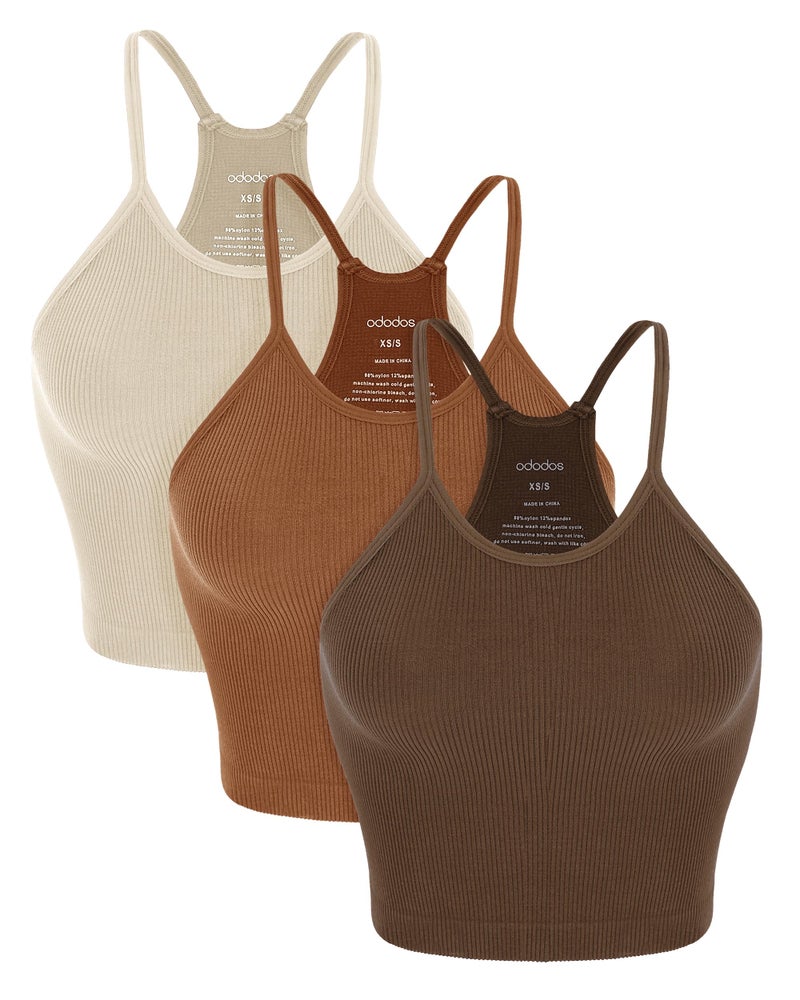 ODODOS Women's Crop Camisole 3-Pack Seamless Rib-Knit Crop Tank Tops, Long Crop, Brunette+Clay+Mushroom, X-Small/Small - Image 1