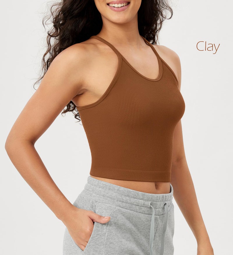 ODODOS Women's Crop Camisole 3-Pack Seamless Rib-Knit Crop Tank Tops, Long Crop, Brunette+Clay+Mushroom, X-Small/Small - Image 3
