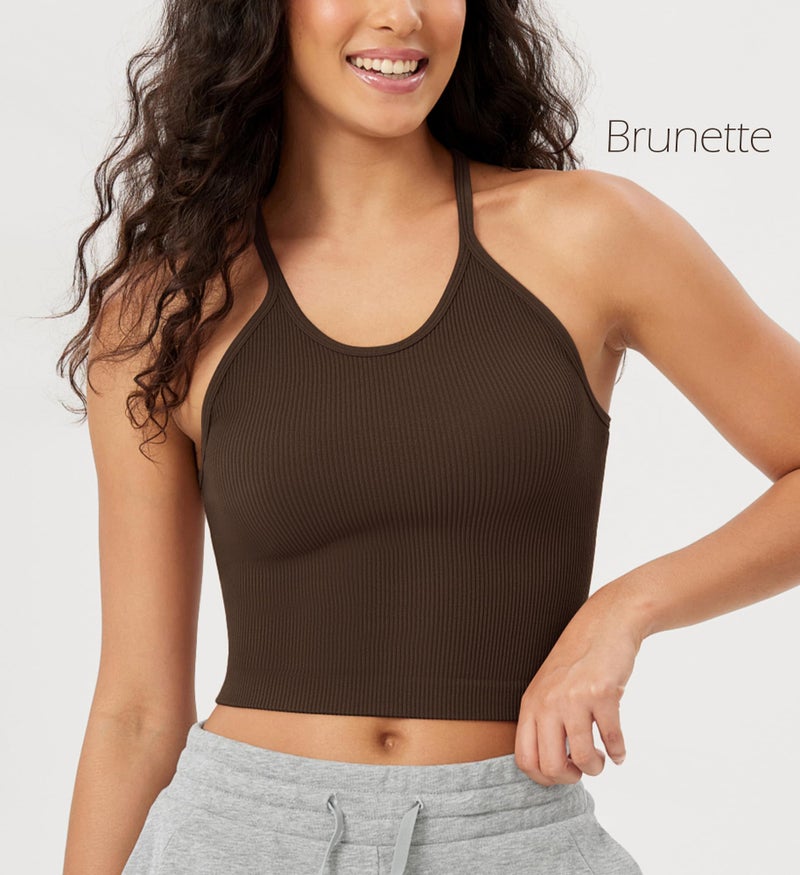 ODODOS Women's Crop Camisole 3-Pack Seamless Rib-Knit Crop Tank Tops, Long Crop, Brunette+Clay+Mushroom, X-Small/Small - Image 2