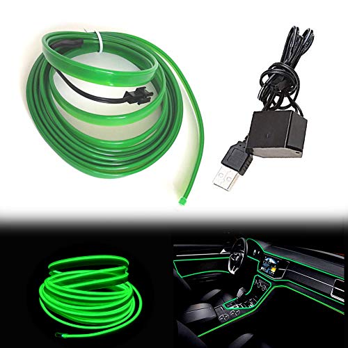 Maxlaxer El Wire Green Interior Car LED Strip Lights, 3M Neon Wire USB 5V with Fuse Protection for Automotive Interior Decoration, with 6mm Sewing Edge - Image 1