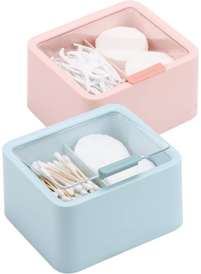 Tecbeauty Tecbeauty 2pcs Qtips Holder - Middle Divider Cotton Pads Storage Dispenser Bathroom Organizer with Clear Hinged Lids for Cotton Balls Swabs Rounds - Blue & Pink  - Image 1