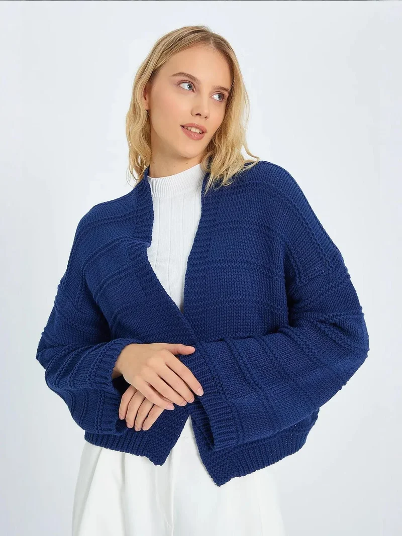 MixRay Navy Blue Mixray V-Neck Ribbed Knit Cardigan for Women | Best Price UAE