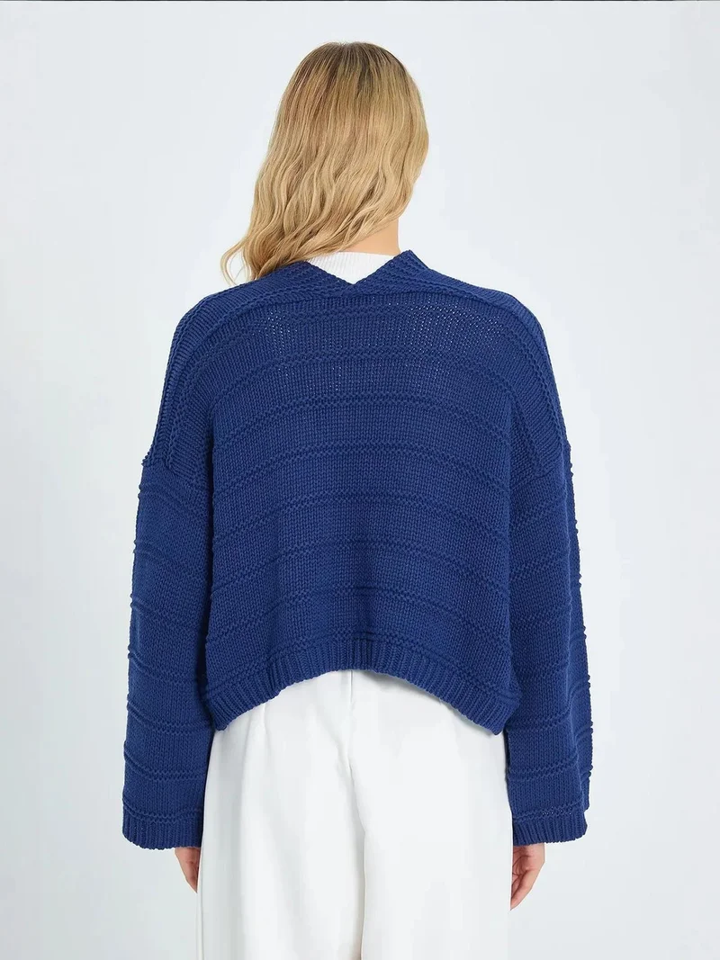 MixRay Navy Blue Mixray V-Neck Ribbed Knit Cardigan for Women | Best Price UAE