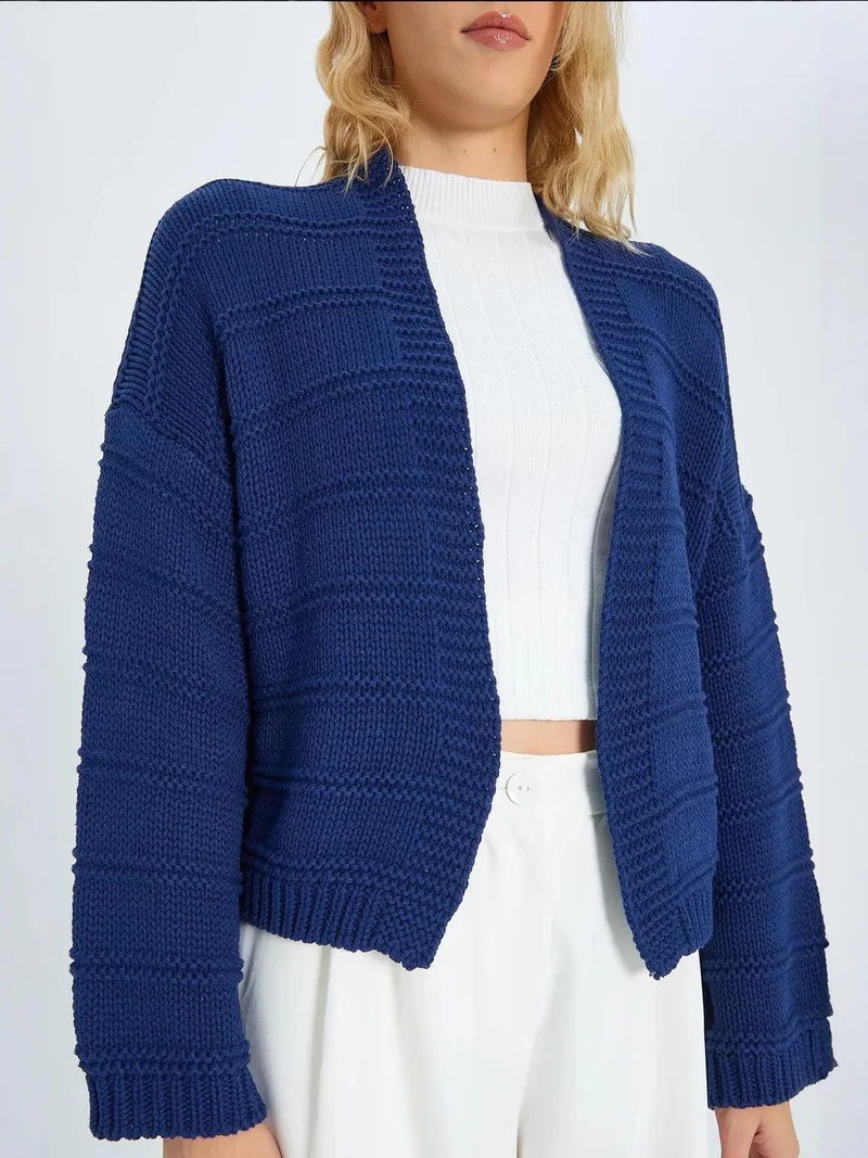 MixRay Navy Blue Mixray V-Neck Ribbed Knit Cardigan for Women | Best Price UAE