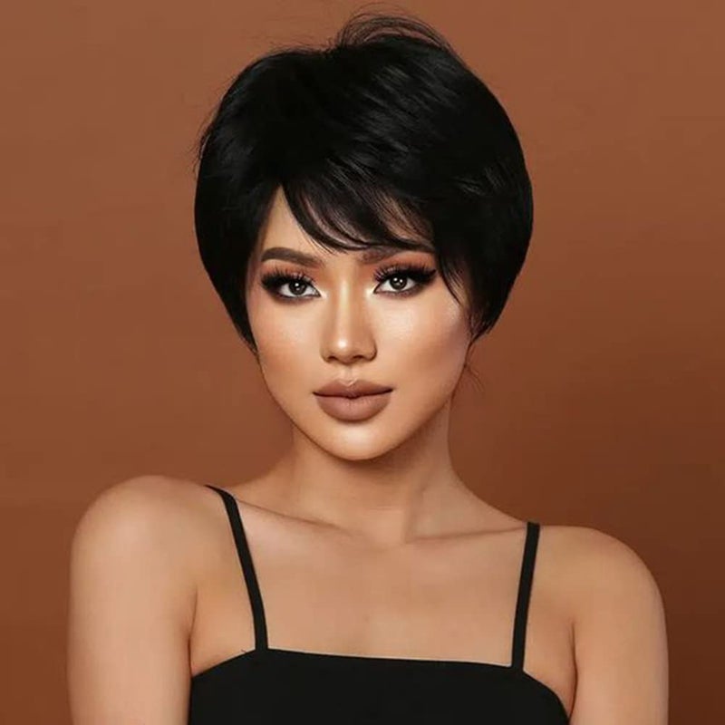 PHOCAS Short Cut Wigs Human Hair Short Pixie Wigs With Bangs Pixie Cut Wig Short StraightNatural Black