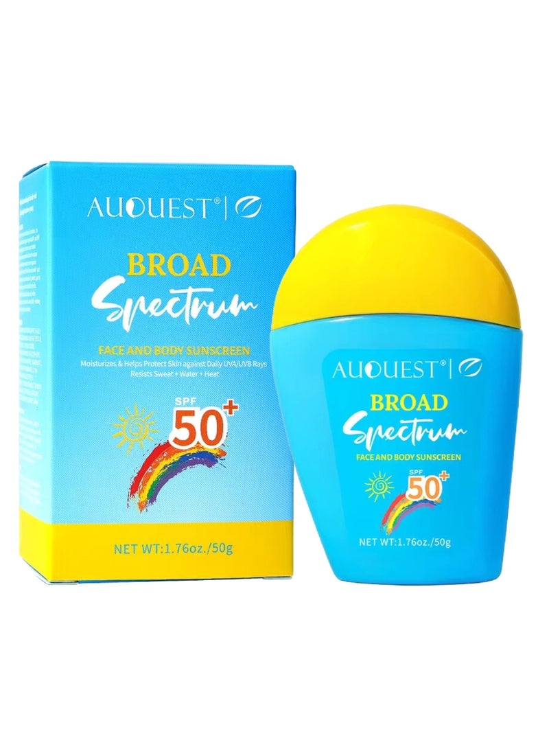 AuQuest كريم واقي من الشمس 50 جرام للوجه والجسم SPF50+ يرطب ويساعد في حماية البشرة من أشعة UVA و UVB اليومية مقاوم للماء والعرق والحرارة واسع الطيف SPF 50 كريم واقي من الشمس - Image 1