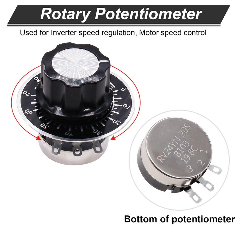 Twtade / 2Pcs Rv24Yn20S B502 5K Ohm Single Turn Rotary Carbon Linear Variable Potentiometer Used For Inverter Speed Regulation. Motor Speed Control + 2Pcs A03 Knob + 2Pcs Dials - Image 4
