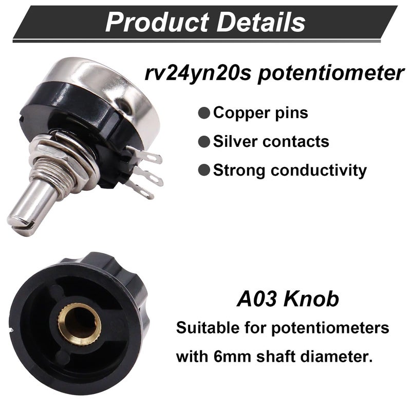Twtade / 2Pcs Rv24Yn20S B502 5K Ohm Single Turn Rotary Carbon Linear Variable Potentiometer Used For Inverter Speed Regulation. Motor Speed Control + 2Pcs A03 Knob + 2Pcs Dials - Image 5