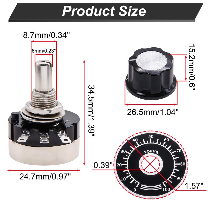 Twtade / 2Pcs Rv24Yn20S B502 5K Ohm Single Turn Rotary Carbon Linear Variable Potentiometer Used For Inverter Speed Regulation. Motor Speed Control + 2Pcs A03 Knob + 2Pcs Dials - Image 2
