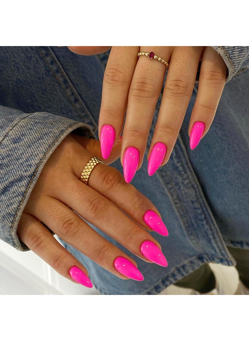 KXAMELIE - Hot Pink Press on Nails Almond Shaped 48Pcs Neutral Thick Fake Nails for Women Medium Neon Almond Nails Press on Reusable Acrylic Nails Glue on Medium Length Stiletto False Nails Gel Artificial Nails - Image 1