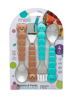 melii Spoons And Forks Set - Brown Bear And Turquoise Shark, 4 Pieces  - Image 4