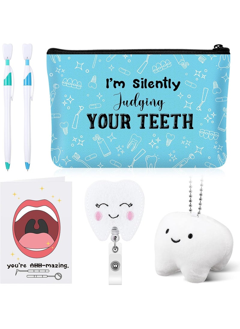 Reginary Reginary 6 Pcs Dental Hygienist Gifts for Women Include Inspirational Makeup Bag Tooth Shape Felt Badge Holder Soft Teeth Keychain Greeting Cards and 2 Cute Teeth Ballpoint Pen for Dentist Nurse Gift  - Image 1