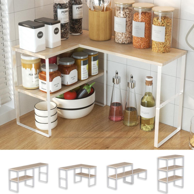 Golener Countertop Organizer Corner Shelf, 2 Tier Adjustable Stackable Corner Shelves for Kitchen, Bathroom, Spice Rack, Coffee Bar, Over Sink, Dresser Table, Corner Counter Shelf Stand, Natural Beige - Image 1