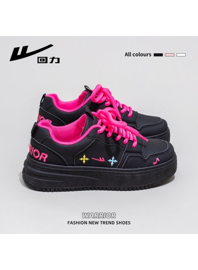 Warrior Black & Neon Pink Platform Sneakers - Street Fashion Trendy Shoes with Embroidered Details