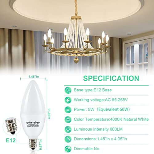 comzler E12 LED Bulb Candelabra Base, Type B LED Bulb 60 Watt Equivalen 4000K Natural Daylight B11 Small Base, Chandelier Ceiling Fan LED Light Bulbs 500 Lumens No-Dimmable Pack of 6 - Image 2