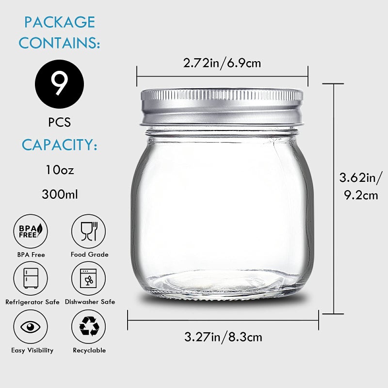 YEBODA 9 Pack Wide Mouth Mason Jars 10 oz Glass Canning Jars with Airtight Lids and Bands for Preserving, Jam, Honey, Jelly, Wedding Favors, Shower Favors, Sauces, DIY Spice Jars - Image 3
