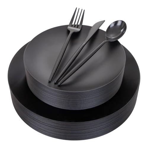 ejonirinjonir EI 150pcs Black Plastic Plates Frosted Plastic Plate,Premium Heavy Duty Black Plastic Plates,Black Disposable Plates with Black Plastic Silverware,10.25" Dinner Plates and 7.5" Dessert Plate - Image 1