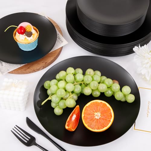 ejonirinjonir EI 150pcs Black Plastic Plates Frosted Plastic Plate,Premium Heavy Duty Black Plastic Plates,Black Disposable Plates with Black Plastic Silverware,10.25" Dinner Plates and 7.5" Dessert Plate - Image 3