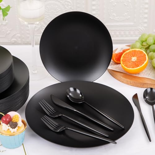 ejonirinjonir EI 150pcs Black Plastic Plates Frosted Plastic Plate,Premium Heavy Duty Black Plastic Plates,Black Disposable Plates with Black Plastic Silverware,10.25" Dinner Plates and 7.5" Dessert Plate - Image 4