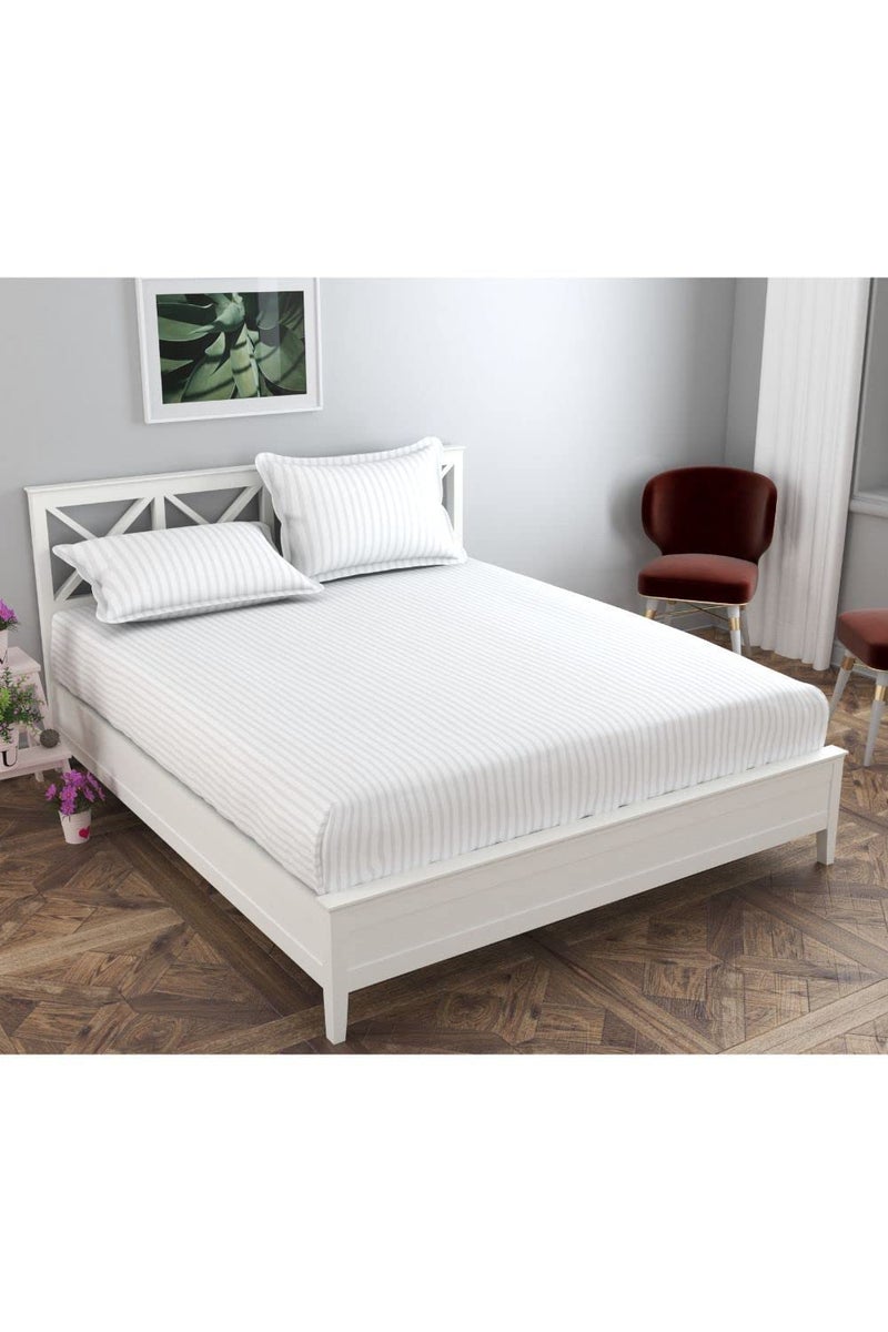TrendRoad Glace Cotton Fitted Elastic Stripe Double Bedsheet| Bedsheet (78x72 inches Height: 10 inches) with 2 Pillow Cover(17x27 Inches)| Solid Print, Heavy & Thick Fabric| Color: White - Image 1