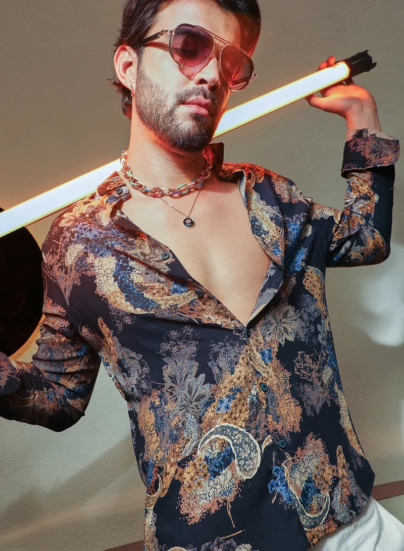 Men's Royal Blue & Midnight Black Paisley Flora Shirt For Casual Wear | Spread Collar | Long Sleeve | Button Closure | Shirt Crafted With Comfort Fit For Everyday Wear