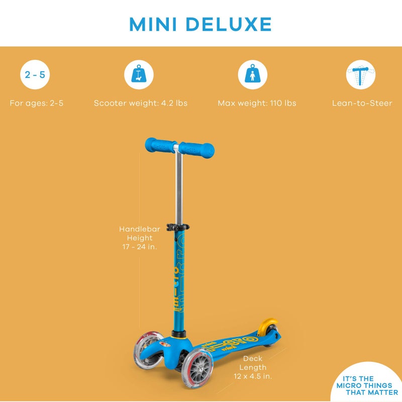 Micro Kickboard - Mini Deluxe - Three Wheeled, Lean-to-Steer Swiss-Designed Micro Scooter for Toddlers & Children with Adjustable Handlebar for Ages 2-5 (Ocean Blue) - Image 3