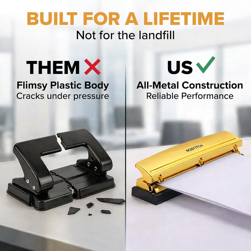 Bostitch 3 Hole Paper Punch, 15 Sheet Capacity, Metal Office Hole Puncher with Chip Tray, Non-Slip Base, 9/32" Holes, Perfect for Binders, School, Home & Office, Gold - Image 4
