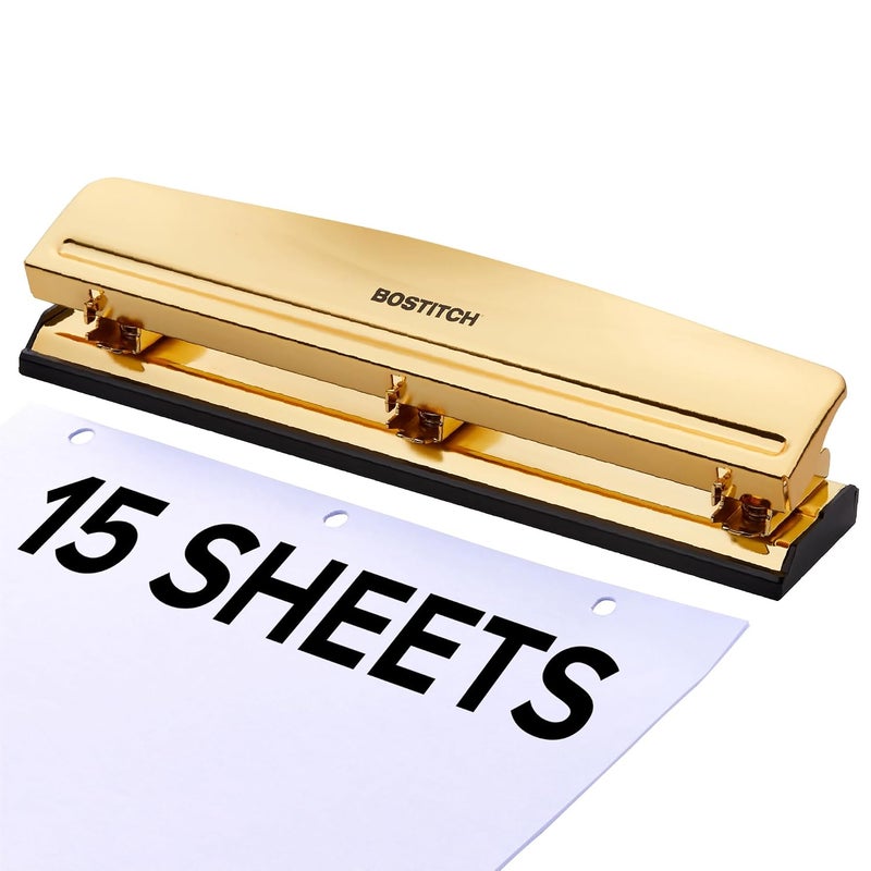 Bostitch 3 Hole Paper Punch, 15 Sheet Capacity, Metal Office Hole Puncher with Chip Tray, Non-Slip Base, 9/32" Holes, Perfect for Binders, School, Home & Office, Gold - Image 1