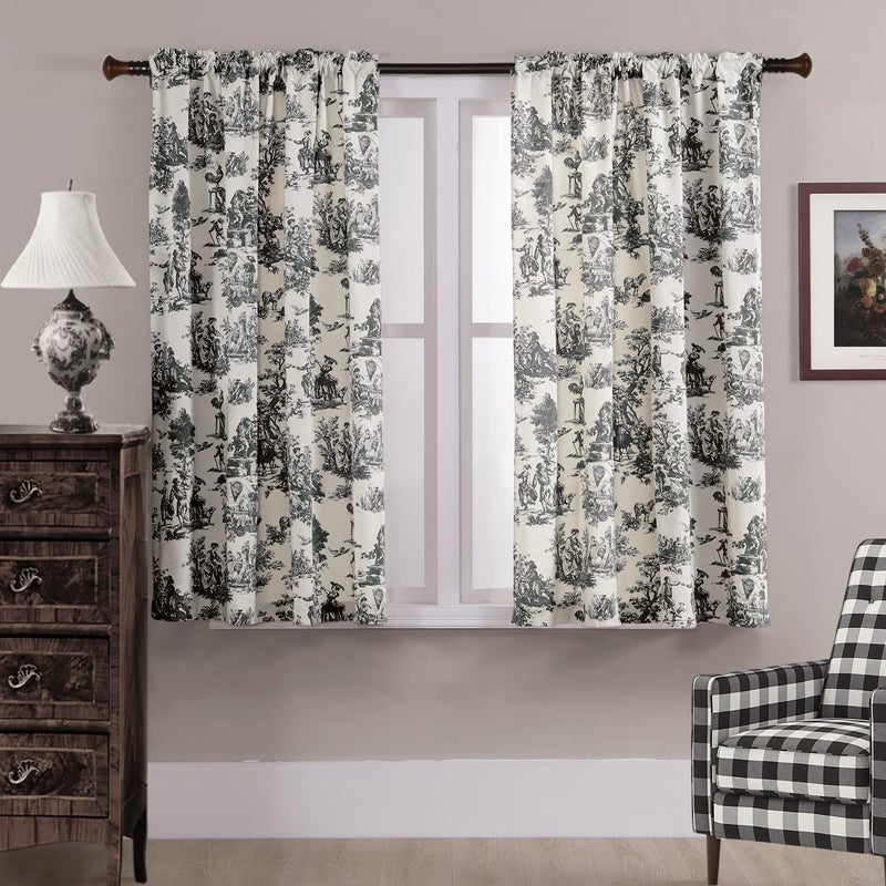 XTMYI Grey Black Curtains for Kitchen Small WindowModern Farmhouse Cotton Privacy Semi Sheer Toile Print Design Rod Pocket Short Bathroom Curtain40 x 48 Inch Length 2 Panels Set
