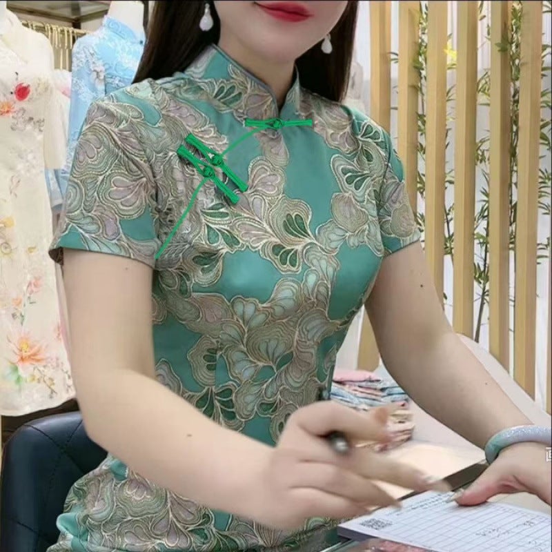 Cheongsam Summer Mid-Length Chinese Mother Improved Cheongsam Daily Elegant Flesh Covering Clothes - Image 1