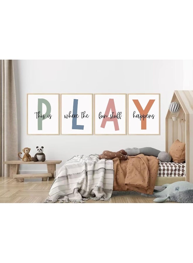 Home Trove Kids Playroom Wall Art Boys Room Wall Decor Childrens Playroom Canvas Prints Baby Boy Kids Room Poster Decor Toddler Nursery Print Artwork Let'S Play Sign 12X16 Inch Set Of 4 Unframed  - Image 5