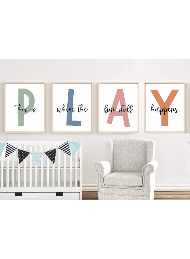 Home Trove Kids Playroom Wall Art Boys Room Wall Decor Childrens Playroom Canvas Prints Baby Boy Kids Room Poster Decor Toddler Nursery Print Artwork Let'S Play Sign 12X16 Inch Set Of 4 Unframed  - Image 3