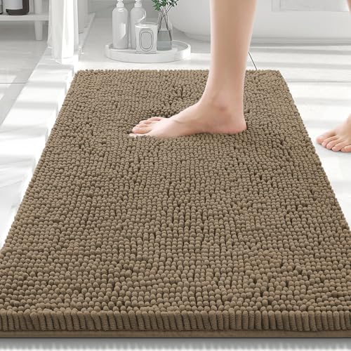 Smiry Luxury Chenille Bathroom Rugs 30x20 Extra Soft and Absorbent Shaggy Bath Mat Machine Washable NonSlip Plush Carpet Runner for Tub Shower and Floor Home Decor Accessories Camel - Image 1