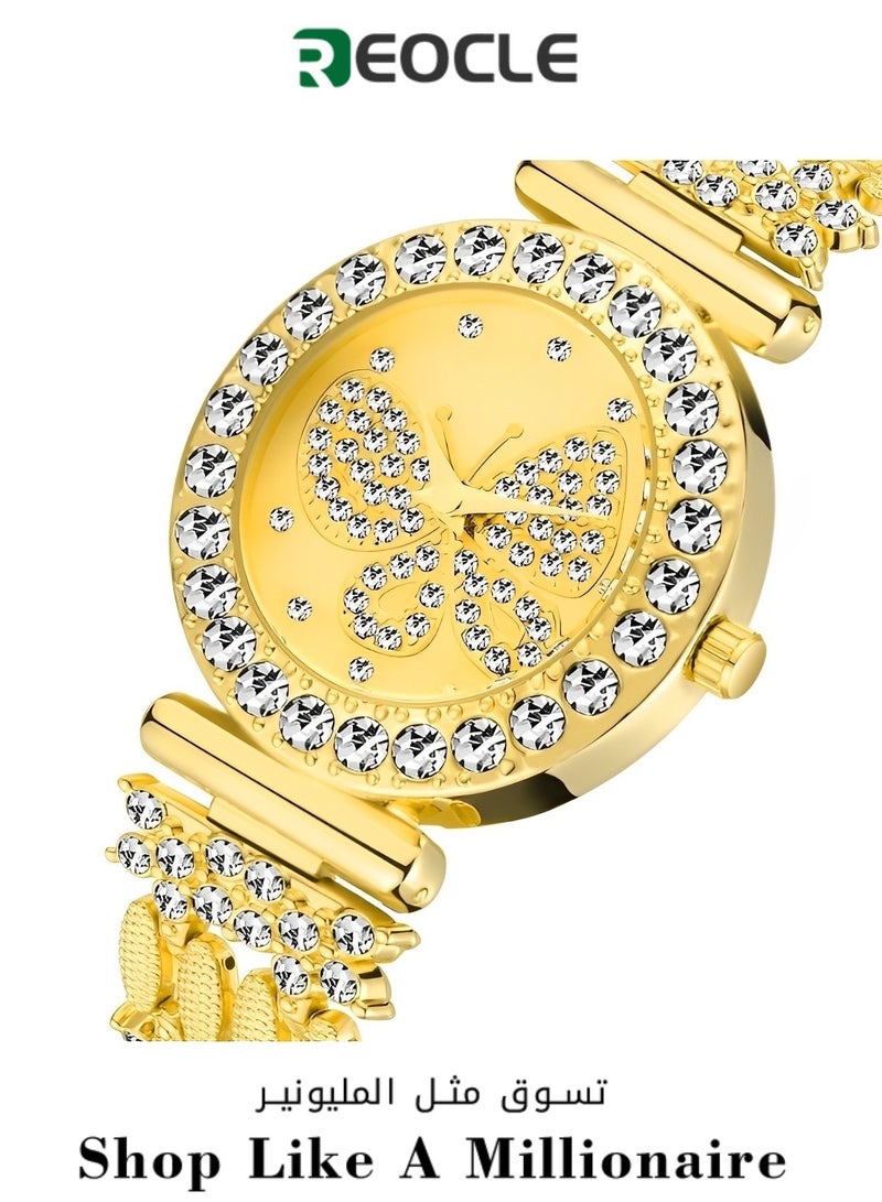 ريوكل ساعة يد نسائية كوارتز أنالوج بعقارب على شكل فراشة مرصعة بأحجار الراين مع قرص دائري بنمط فراشة من الكريستال وحزام من الفولاذ المقاوم للصدأ مرصع بالماس ساعة يد فاخرة - Image 1