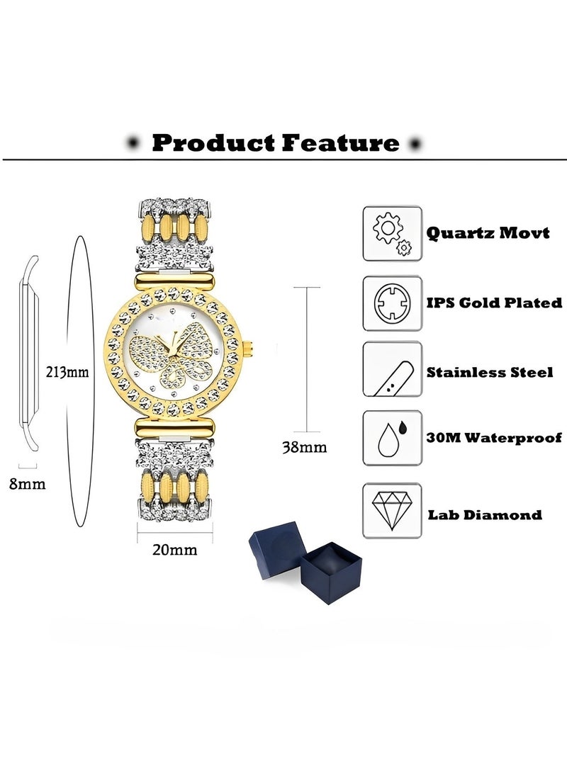 ريوكل ساعة يد نسائية كوارتز أنالوج بعقارب على شكل فراشة مرصعة بأحجار الراين مع قرص دائري بنمط فراشة من الكريستال وحزام من الفولاذ المقاوم للصدأ مرصع بالماس ساعة يد فاخرة - Image 4