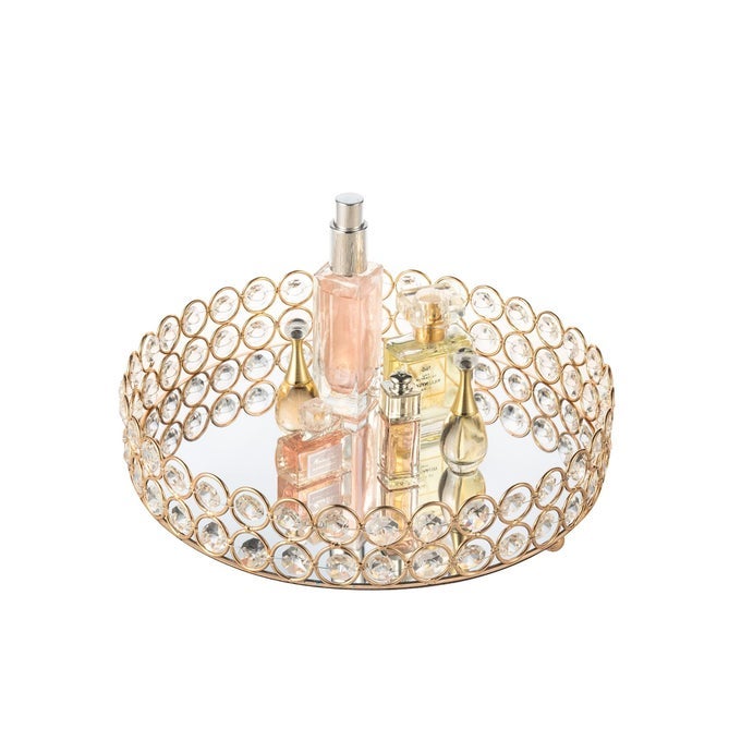 CRYSTAL PERFUME TRAY MAKEUP COSMETIC VANITY ORGANIZER JEWELRY TRINKET DISPLAY STORAGE MIRRORED DECORATIVE TRAY SKIN CARE TRAY FOR DRESSER HOME DECO BIRTHDAY GIFTROUND 10 INCH GOLD