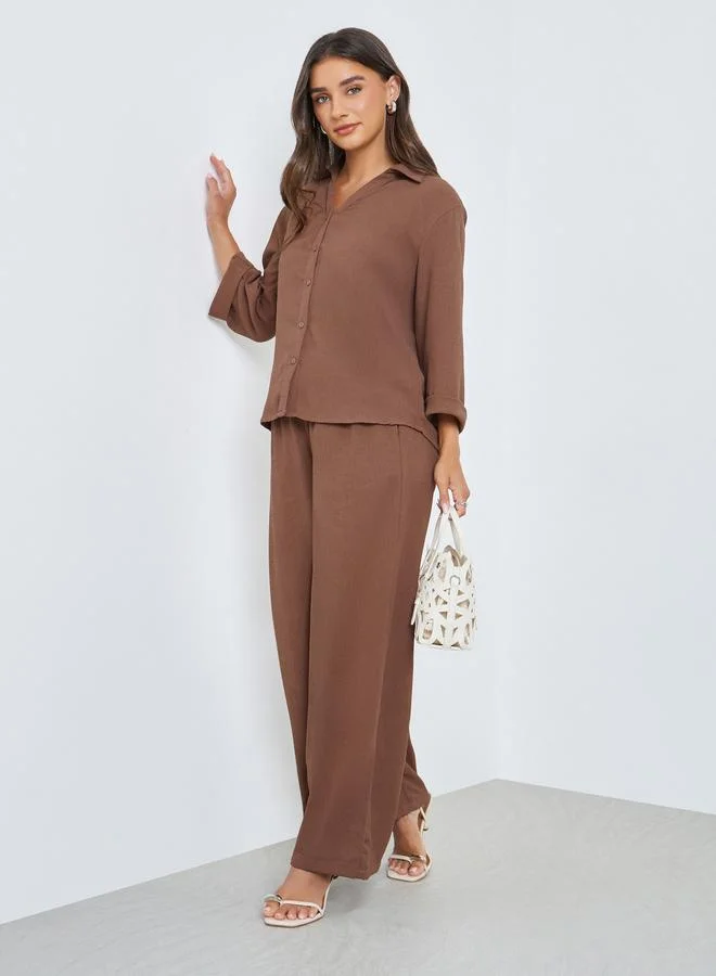 Styli Brown Textured 3/4 Sleeve Shirt with Folded Cuffs