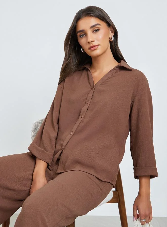 Styli Brown Textured 3/4 Sleeve Shirt with Folded Cuffs