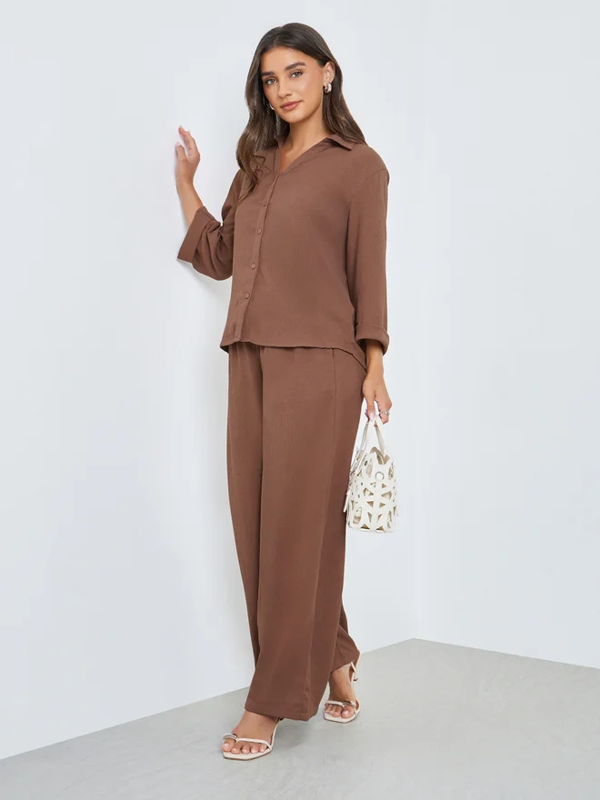 Styli Styli Brown Textured 3/4 Sleeve Shirt with Folded Cuffs