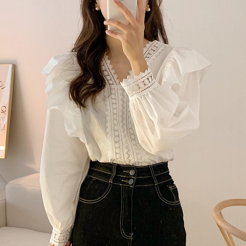 Korean Chic French Style Lace V Neck Splicing Ruffled Loose Casual Puff Sleeve Shirt - Image 2