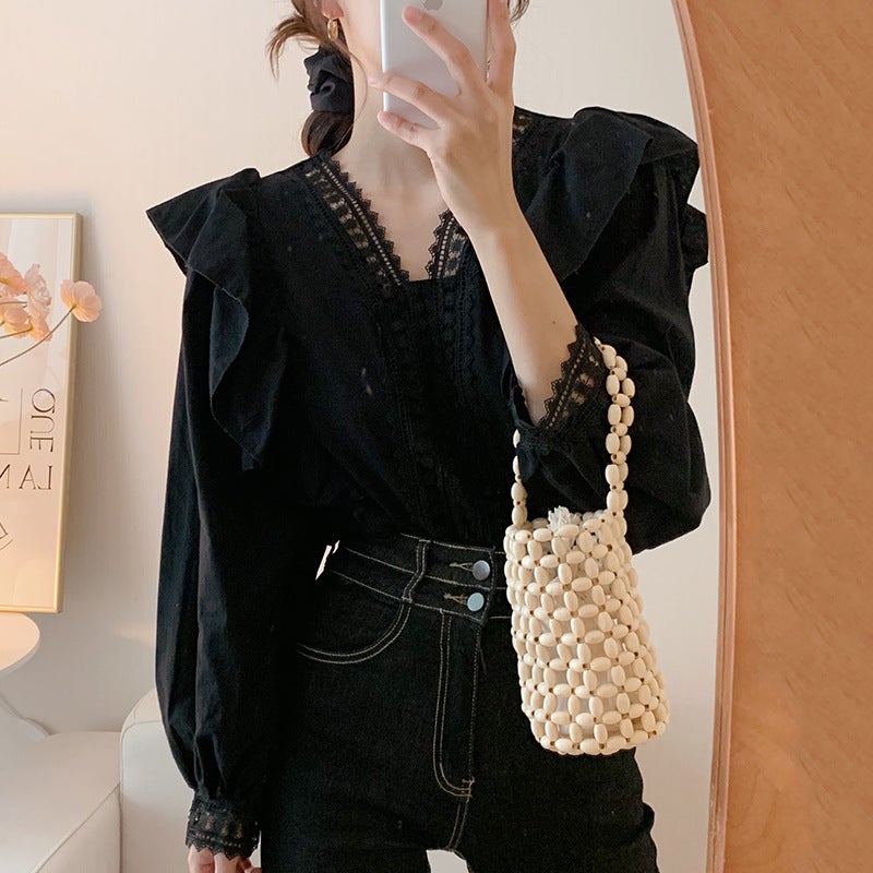 Korean Chic French Style Lace V Neck Splicing Ruffled Loose Casual Puff Sleeve Shirt - Image 5