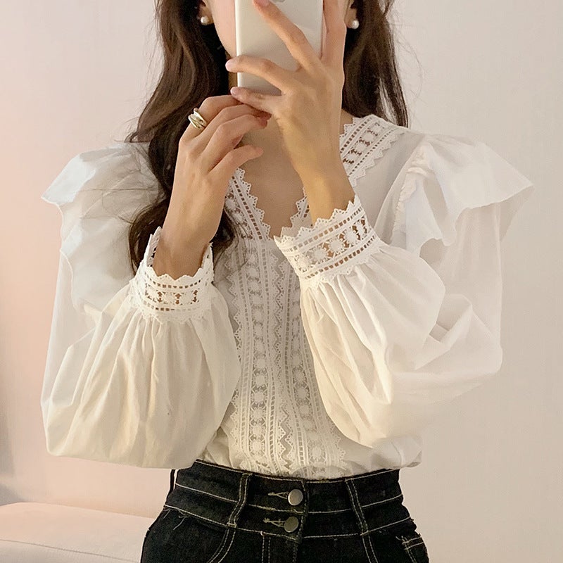 Korean Chic French Style Lace V Neck Splicing Ruffled Loose Casual Puff Sleeve Shirt - Image 3