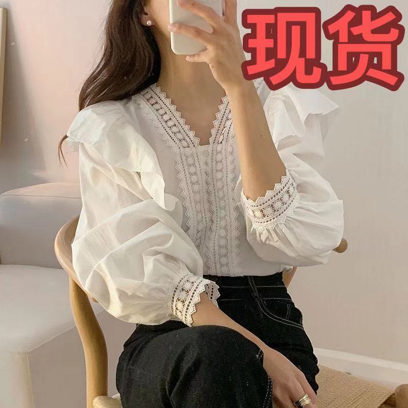 Korean Chic French Style Lace V Neck Splicing Ruffled Loose Casual Puff Sleeve Shirt - Image 4
