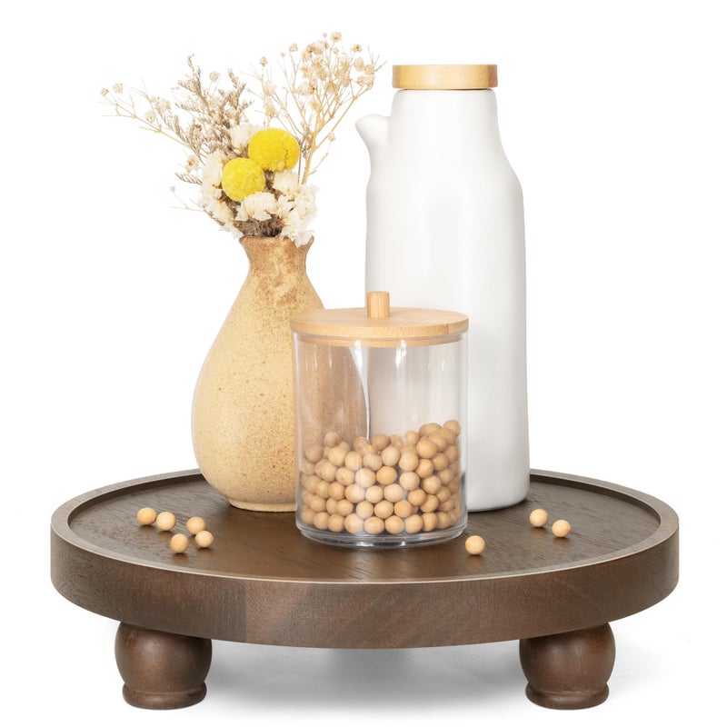 EOSAHR Farmhouse Wood Riser for Home Decor â€“ Acacia Wood Round Pedestal Stand for Bathroom Decor & Kitchen Sink â€“ Decorative Tray for Soap Dispenser, Plant & Cupcake (Dark Acacia) - Image 1
