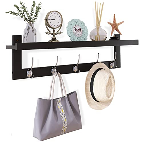 SMIBUY Coat Hooks with Shelf WallMounted 292 Inch Entryway Coat Rack for Wall Bamboo Hanging Shelf with 5 Double Metal Hooks for Bathroom Bedroom Kitchen Living Room Mudroom BlackSilver - Image 1