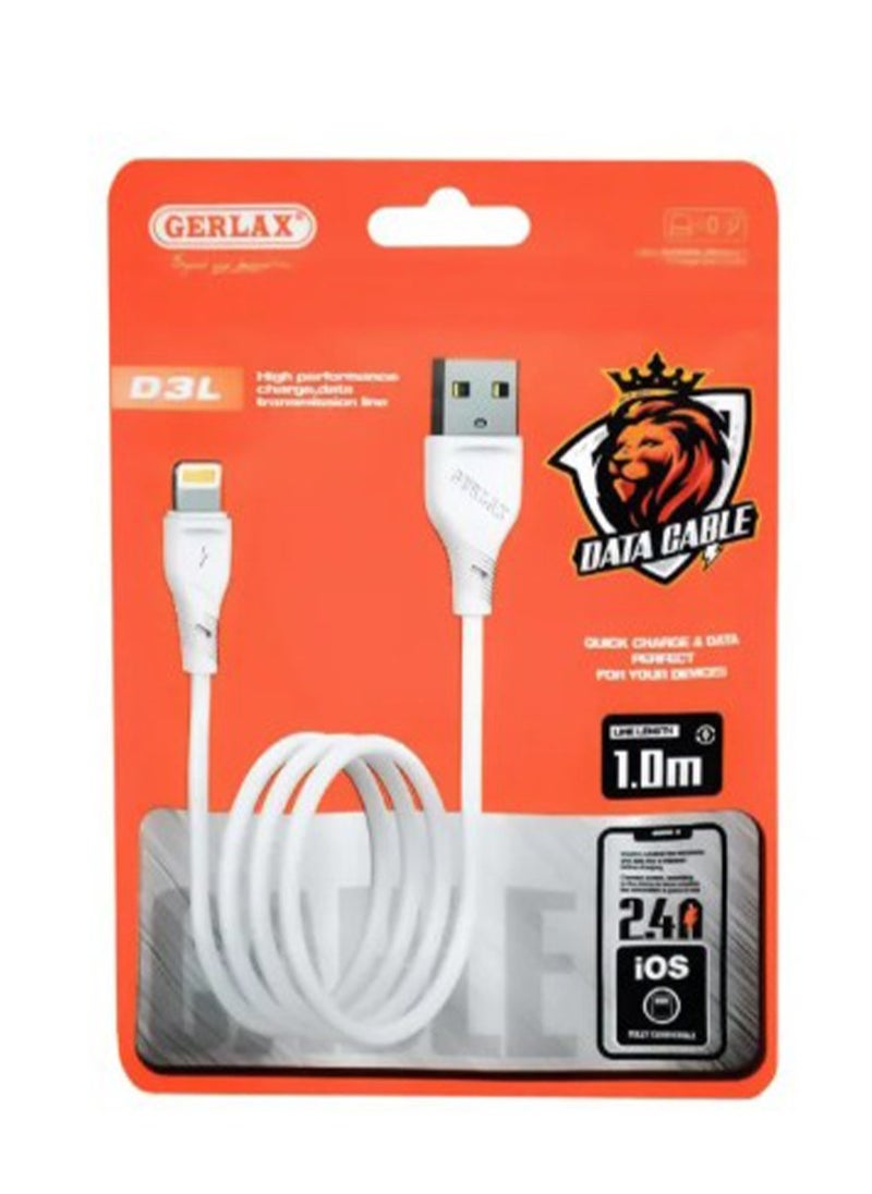 جيرلاكس كابل شحن ونقل بيانات USB إلى IOS/5G، ذكر إلى ذكر D3L، آمن ومستقر، متوافق للغاية، كابل شحن ونقل بيانات عالي السرعة للهواتف الذكية والكمبيوتر الشخصي، 1 متر عالي الجودة - أبيض  - Image 2