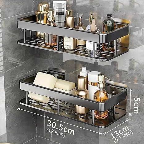 KACHKIT 1 Pcs Aluminium Self Adhesive Bathroom Organizer, Bathroom Shelves, Bathroom Shelf, Wall Stand, Bathroom Organiser Without Drill,(Pack of 1, Black) - Image 3